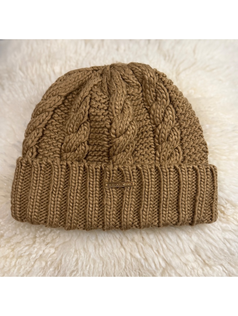 Michael Kors Cable Knit Beanie Hat Brown Tan Gold Logo Chunky Ribbed Winter Cap